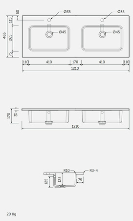 JOY Umywalka wpuszczana, meblowa 121x46,5 cm 