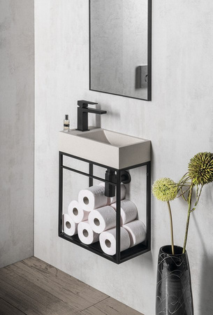 CREST L umywalka betonowa z korkiem, 40x22cm, biały piaskowiec