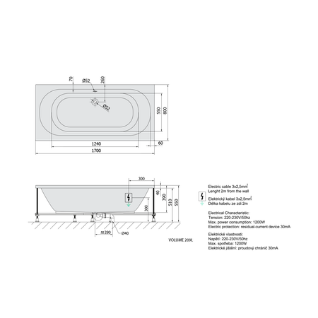 LEVANA wanna z hydromasażem, 170x80x39cm, Active Hydro, chrom