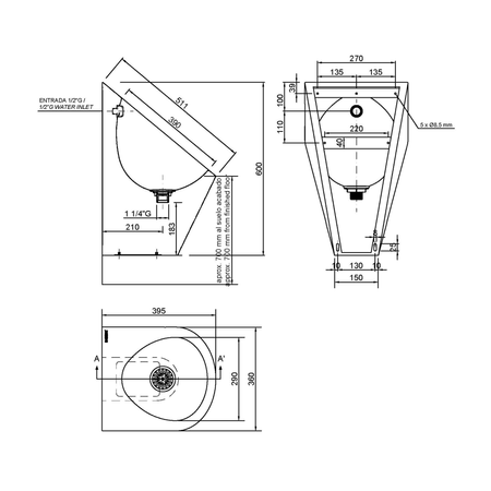 Pisuar, 360x600x395 mm, zasilanie tylne, stal nierdzewna mat