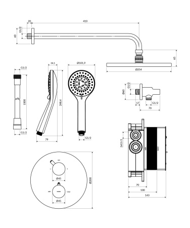 Y termostatyczny system prysznicowy podtynkowy, grafit szczotkowany