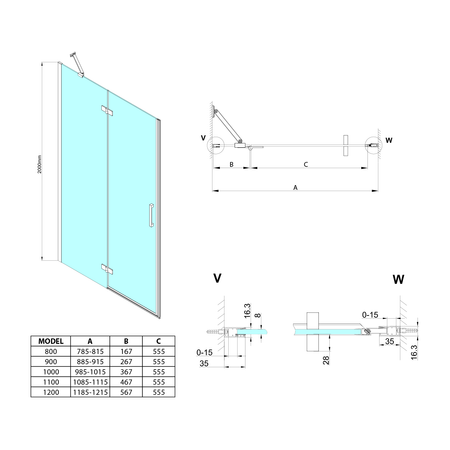 TRINITY BLACK drzwi prysznicowe do wnęki 1100 mm, szkło czyste, prawe