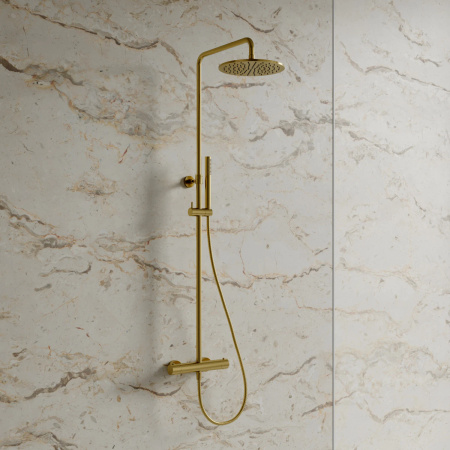 Y termostatyczny system prysznicowy natynkowy, złoty szczotkowany