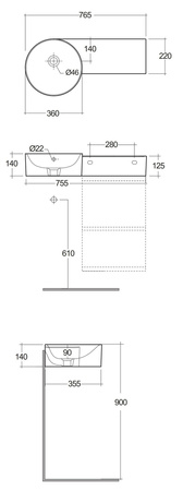 Petit Umywalka podwieszana okrąg z blatem z prawej 77x36 cm z otworem na baterię z wadą1