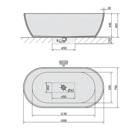 REDUTA wanna wolnostojąca 150x75x46cm, kompozyt, czarny/biały