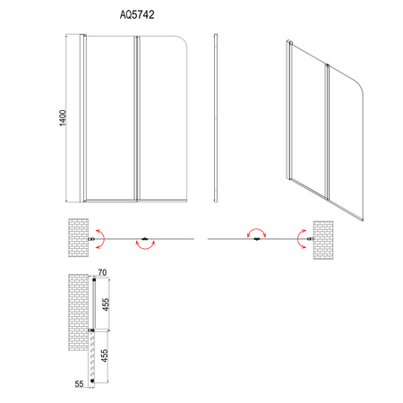 WILA parawan wannowy 900x1400 mm, składany, czarny, szkło czyste