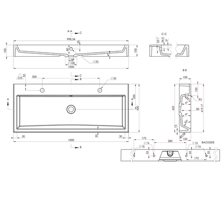 ORINOKO umywalka kompozytowa podwójna 100x42 cm, biały