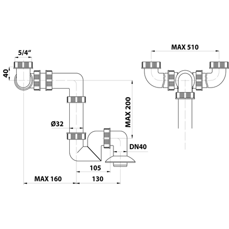 Syfon umywalkowy podwójny, 5/4", DN40, biały