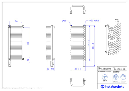 Instal Projekt Standard Electro Grzejnik elektryczny  30x70 cm biały połysk/white silk GŁE-30/70+GH-03C1