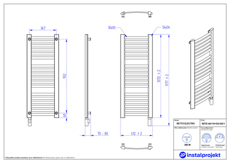 Instal Projekt Retto Electro Grzejnik elektryczny  40x110 cm biały połysk/white silk RETE-40/110+GH-03C1
