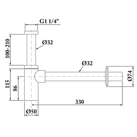 Syfon umywalkowy 5/4", odpływ 32mm, okrągły, gun metal