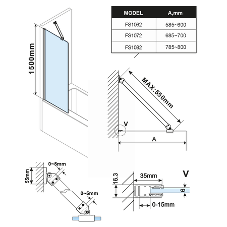 FISA parawan wannowy 600x1500mm, złoto mat, szkło czyste