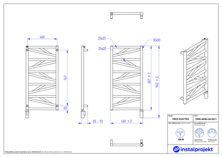 Instal Projekt Trick Electro Grzejnik elektryczny  40x90 cm biała struktura/white structure TRKE-40/90C36+GH-03C1
