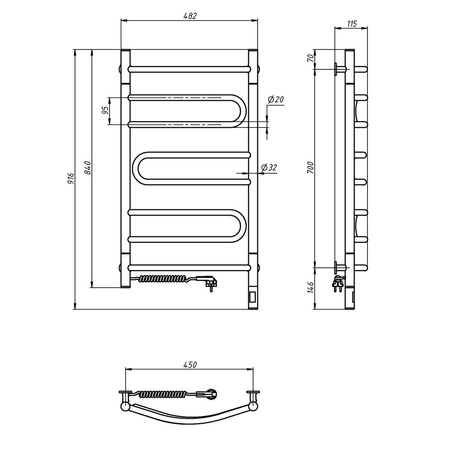Elektryczny Grzejnik Łazienkowy CZARNY PIROUETTE Sensor 480х800 lewa