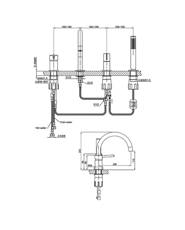 Bateria wannowa 4- otworowa Orion Brushed Copper
