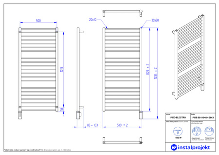 Instal Projekt Piko Electro Grzejnik elektryczny  50x110 cm biały mat/white mat PIKE-50/110C34+GH-06C1