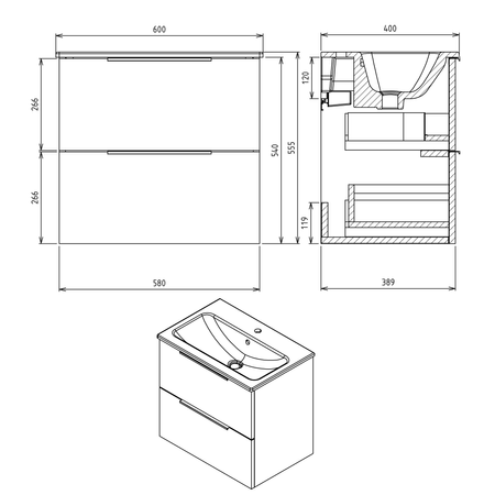 CIRASA szafka pod umywalkę 58x54x39cm, dąb srebrny