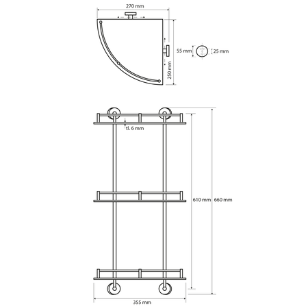 X-ROUND E półka szklana narożna z relingiem 270x660x355mm, chrom