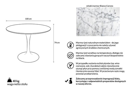 Stół TULIP MARBLE 100 CARRARA biały -     marmur, metal