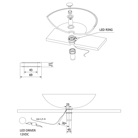 LEDRING oświetlenie pod szklane umywalki 12V, 1,2W, 5000-5500K