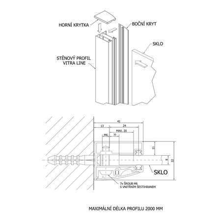 Profil ścienny do szkła 8mm z zestawem montażowym, chrom