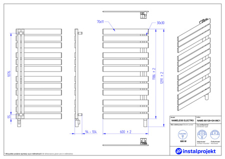 Instal Projekt Nameless Electro Grzejnik elektryczny  60x120 cm czarna struktura/black structure NAME-60/120C33+GH-06C2