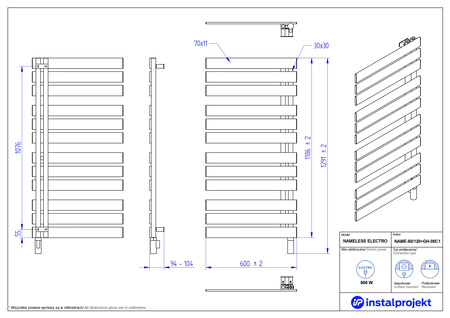 Instal Projekt Nameless Electro Grzejnik elektryczny  60x120 cm czarny mat/black mat NAME-60/120C31+GH-06C2
