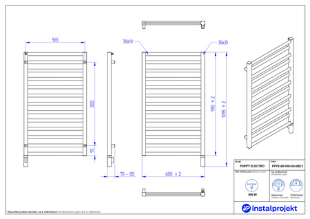 Instal Projekt Poppy Electro Grzejnik elektryczny  60x100 cm biały mat/white mat PPYE-60/100C34+GH-06C1