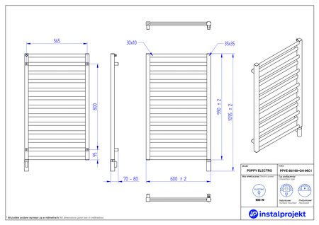 Instal Projekt Poppy Electro Grzejnik elektryczny  60x100 cm biały połysk/white silk PPYE-60/100+GH-04C1