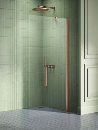 NZ4 Kabina prysznicowa NEW SOLEO COPPER BRUSHED walk-in U 110x195 szkło czyste 6mm Active Shield 2.0 - wspornik prostopadły
