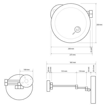 X-ROUND BLACK wiszące lusterko kosmetyczne LED, średnica 200mm, czarny mat