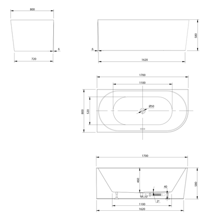 TIBERA L wanna przyścienna, narożna 170x80cm, biały