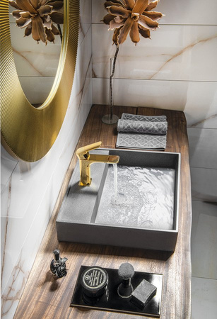 QUADRADO umywalka betonowa z korkiem, 46x46cm, czrany granit