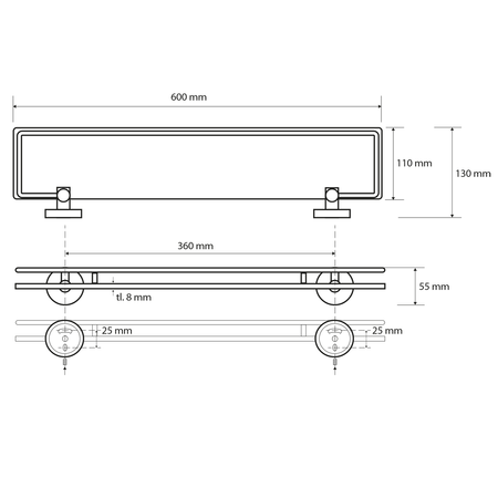 X-ROUND E półka szklana ze składanym drążkiem 600x130mm, szkło mleczne, chrom