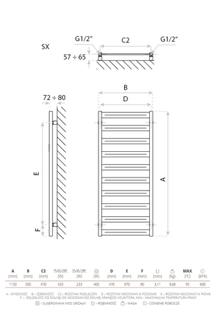 Grzejnik łazienkowy Hermes Metalic Grey 1150