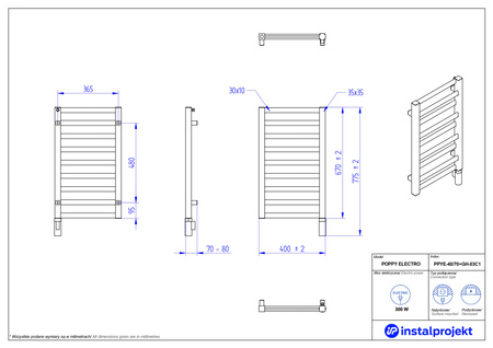 Instal Projekt Poppy Electro Grzejnik elektryczny  40x70 cm biały połysk/white silk PPYE-40/70+GH-03C1