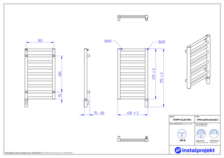 Instal Projekt Poppy Electro Grzejnik elektryczny  40x70 cm szary granit/granite PPYE-40/70C15+GH-03C2