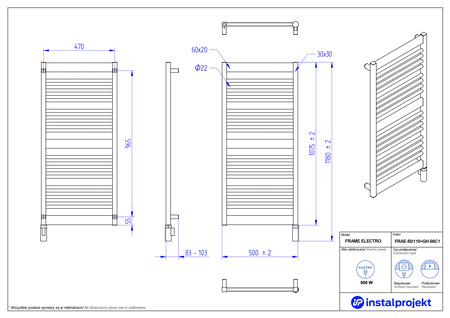 Instal Projekt Frame Electro Grzejnik elektryczny  50x110 cm biały mat/white mat FRAE-50/110C34+GH-06C1