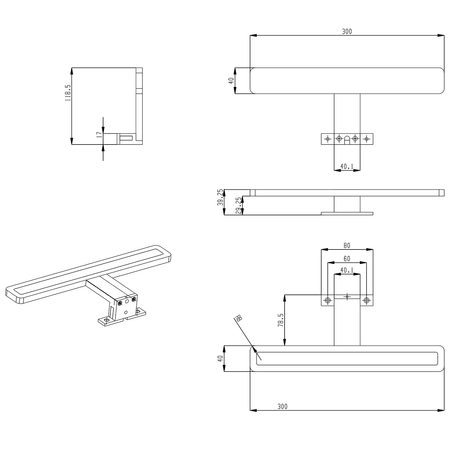 MIRAKA oświetlenie LED 5W, 230V, 300x35x120mm, IP44, akryl, chrome