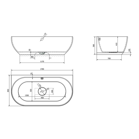 PAGODA wanna przyścienna 170x85x58cm, kompozyt, czarny/biały