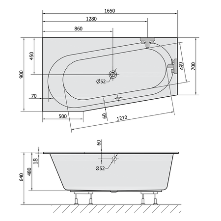 ASTRA WL SLIM wanna asymetryczna 165x90x48cm, biała