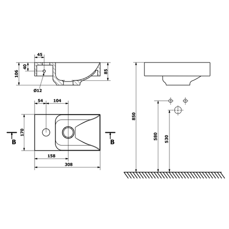 PICCOLINO umywalka betonowa, 30,8x17cm, bateria z lewej strony, różowy mat