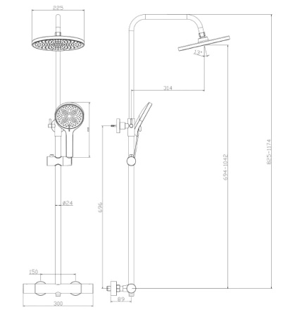 Deszczownica z baterią prysznicową termostatyczną dwufunkcyjną, gun metal