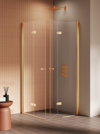 Kabina prysznicowa NEW SOLEO GOLD BRUSHED 2D kwadratowa 80x80x195 szkło czyste 6mm Active Shield 2.0 - składane
