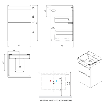 SITIA szafka umywalkowa 46,4x70x44,2cm, 2 szuflady, biały mat