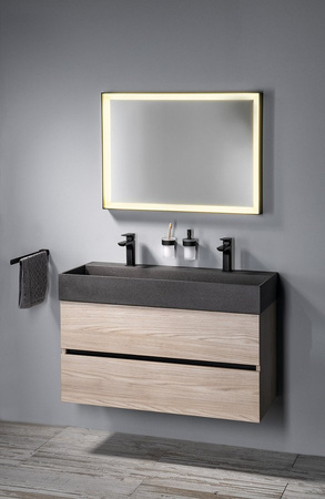 QUADRADO umywalka betonowa podwójna z korkiem 96x44cm, czarny granit