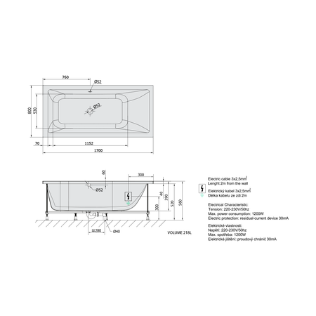 MIMOA wanna z hydromasażem, 170x80x39cm, Active Hydro-Air, chrom