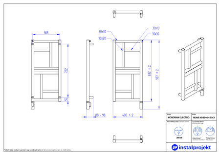 Instal Projekt Mondrian Electro Grzejnik elektryczny  40x80 cm biały połysk/white silk MONE-40/80+GH-03C1