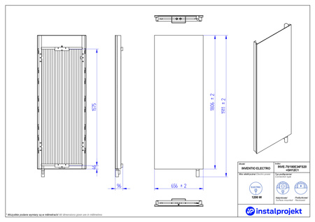 Paprocki & Brzozowski Inventio Electro Rock Grzejnik elektryczny  70x180 cm biały/silk ekran czarny f. szkl. farba INVE-70/180E31FS22+GH-12C2