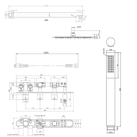 Zestaw prysznicowy z baterią termostatyczną z uchwytem rączki prysznicowej, 2 funkcyjny, deszczownia okrągła, chrom
